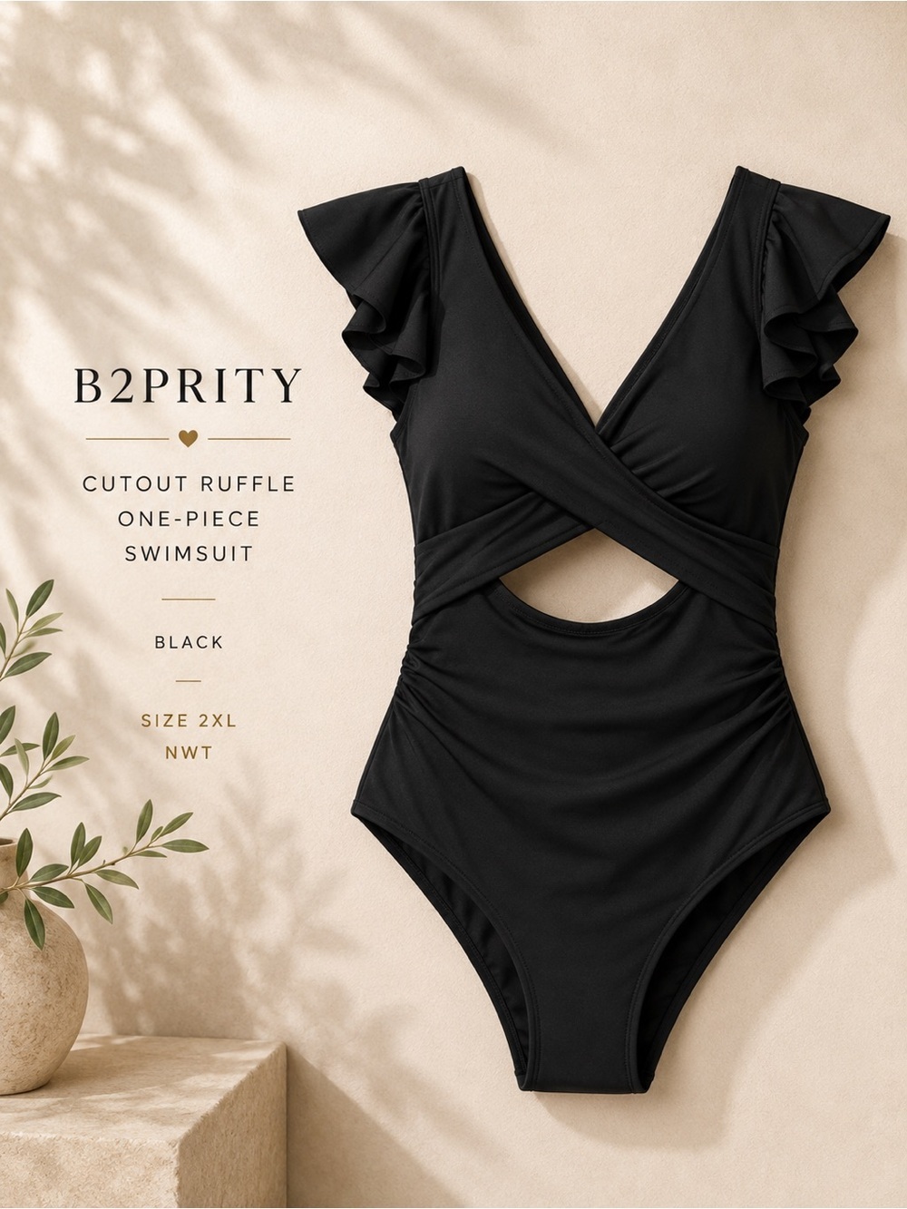 B2Prity Black Cutout Ruffle One Piece Swimsuit Size 2XL NWT